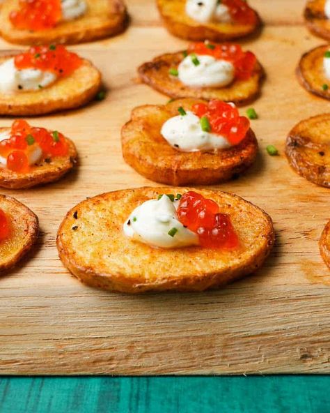 Crispy Potatoes Topped with Salmon Roe | Lindsey Eats Salmon Roe Recipes, Salmon And Roasted Potatoes, Salmon Roe Appetizer, Potato Crusted Salmon, Deviled Eggs With Salmon Roe, Smoked Salmon Rosettes, Crispy Parmesan Potatoes, Parmesan Crusted Potatoes, Roasted Olives