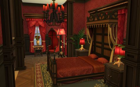 Vampire Bedroom Sims 4, Sims 4 Goth House Interior, Sims 4 Gothic House Interior, Sims 4 Goth Family House, Sims 4 Vampire House Interior, Vampire House Interior, Goth House Interior, Sims Vampire, Vampire Bedroom