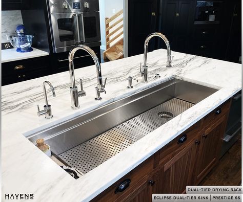 The Eclipse sink in a 54-inch size, featuring two faucets and a basin grate for drying dishes and protecting from scratches.  HavensMetal.com | HavensGallery.com 🔥 Modern Classic Kitchen, Workstation Sink, Modern Kitchen Sinks, Custom Sinks, Kitchen Sink Design, Stainless Steel Cleaner, Stainless Sink, Sink Design, Copper Sink