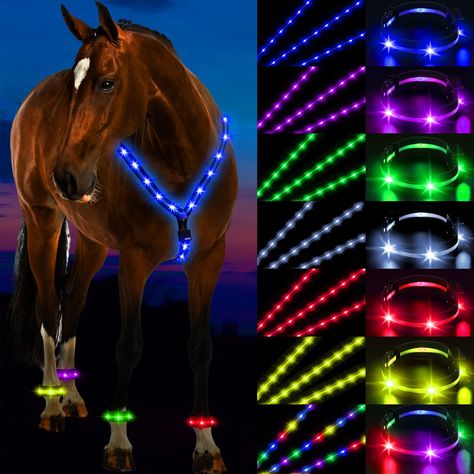 PRICES MAY VARY. Quality Equestrian Gear: our professional equestrian set includes 1 LED horse breastplate collar and 4 LED horse leg bands; Crafted with adjustable water resistant LED straps, our horse riding gear is durable, sturdy, and simple to clean; This kit also comes with 2 USB charging cables, ideal for your night horse training usage 7 Colors: stand out during night rides with our 7 vibrant lighting color modes; Have an option to choose from 6 single colors, blue, green, red, white, ye Horse Essentials, Horse Stuff To Buy, Horse Things, Horse Stuff, Red Tack Set Western, Rainbow Horse Tack, Western Riding Tack, Orange Tack Set, Purple Tack Set