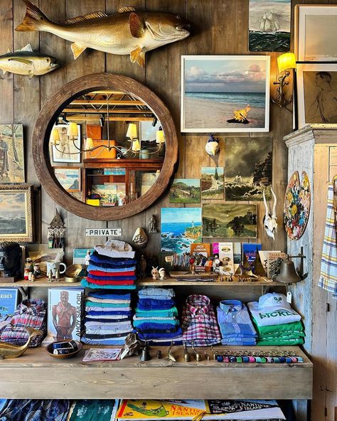 MATE GALLERY | first install of vintage at our nantucket summer shop @farawayhotels | Instagram Vintage Outdoor Aesthetic, Sag Moon, Nautical Antiques, Artist Space, Lake Cabin Decor, Bait Shop, Nantucket Summer, Shed Interior, Fishing Cabin