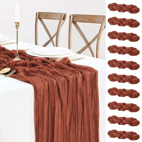 PRICES MAY VARY. Cheesecloth Gauze Fabric 🍁【Rustic Tablecloth Runner Bulk】You will get 10 pieces 10ft rust terracotta cheese cloths table runners, enough quantity is suitable for wedding banquets and various parties. Unique terracotta runner gives your home or party a classy, it screams fall harvest. The burnt orange and texture is fantastic and will work with any decor. Terracotta table runner cheesecloth allow you to combine your wedding colors in interesting, artistic and unexpected ways. Pi Fall Bridal Shower Backdrop, Terracotta Cheesecloth Table Runner, Round Table Centerpieces Wedding, Thanksgiving Christmas Table, Boho Wedding Table Runner, Cheese Cloth Table Runner, Rustic Tablecloth, Western Bridal Showers, Orange Wedding Decorations