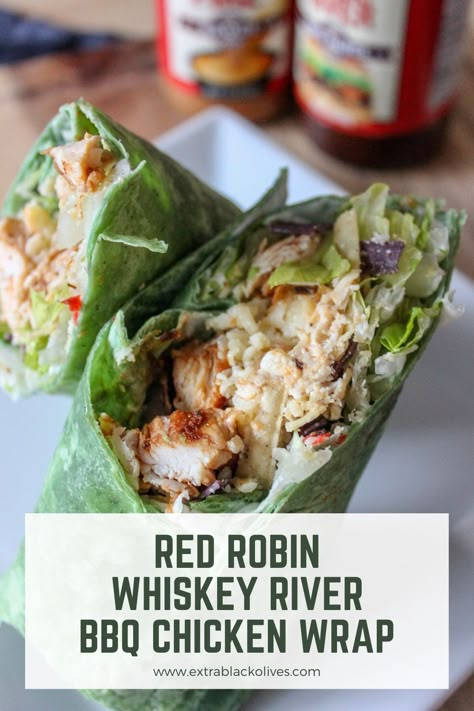 Try my copycat Red Robin Whiskey River BBQ chicken wraps at home today. Be sure to use the Red Robin Whiskey River barbecue sauce for an authentic taste! Copycat Red Robin, Whiskey Chicken, Bbq Chicken Wraps, Sandwich Wraps Recipes, Spinach Tortilla, Spinach Wraps, Chicken Wrap Recipes, Chicken Wrap, Black Olives