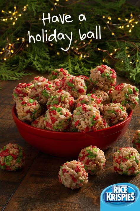 Making holiday treats with Rice Krispies® cereal is a ball! These treats are perfect for family gatherings this holiday season. #RiceKrispies #HolidayBaking #EasyHolidayTreats #EdibleGifts #Ornaments Rice Krispie Balls Christmas, Christmas Rice Krispie Balls, Rice Crispy Balls Christmas, Rice Crispy Squares Christmas, Rice Krispie Squares Christmas, Holiday Rice Krispie Treats Christmas, Xmas Rice Krispie Treats, Rice Krispie Christmas Treats, Christmas Rice Krispie Treats Ideas