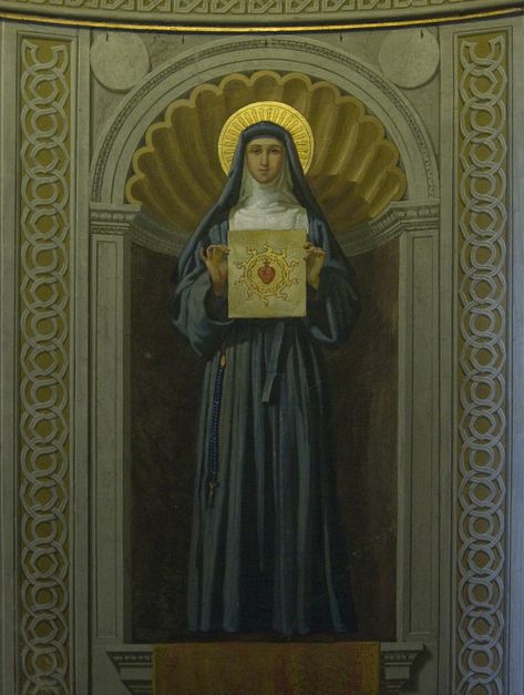 16 October is the feast of St Margaret Mary Alacoque, a 17th-century sister who joined the Visitation Sisters at Paray-le-Monial. She made rapid progress along the way of perfection and was given mystical visions, as a result of which she worked hard to institute devotion to the Sacred Heart of Jesus in the Church.   This fresco is in the church of Madonna del Sacro Cuore, which is off the Piazza Navona in Rome. Margaret Mary Alacoque, Sacred Heart Devotion, St Margaret Mary, The Sign Of The Cross, Saint Margaret, Saint Feast Days, Lives Of The Saints, Pope Leo, The Sacred Heart Of Jesus