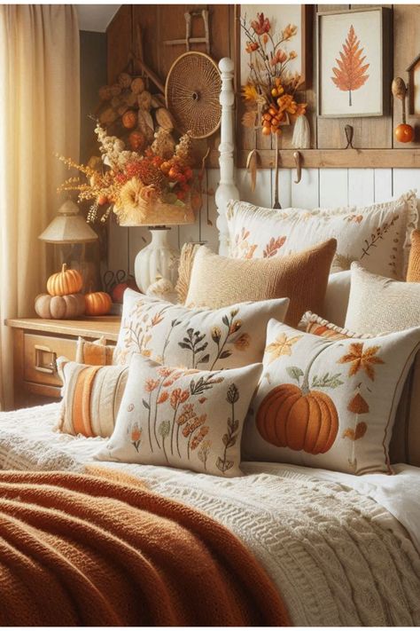 Enhance your autumn decor with stylish fall-inspired throw pillows! Featuring rich, seasonal colors and cozy textures, these pillows add warmth and charm to any space. Perfect for draping over your couch or accent chairs, they create a welcoming atmosphere for gatherings and relaxation. Mix and match designs to elevate your home’s aesthetic this fall. Transform your living room or bedroom into a cozy retreat with these must-have accents! #FallDecor #CozyHome #AutumnStyle Fall Pillow Covers, Fall Bedroom Ideas, Tree Gnome, Autumn Cottage, Farmhouse Decorations, Cozy Fall Bedroom, Blouse Necklines, Fall Bedding, Fall Throw Pillows