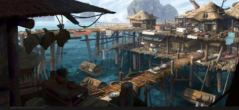 Village Concept Art, Floating Village, Fantasy Architecture, Pirate Island, Beach Village, Fantasy Town, Building Concept, Location Inspiration, Fantasy Places