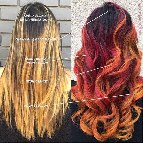 Sunflower Hair Color, Fire Ombre Hair, Neon Hair Color, Yellow Hair Color, Sunflower Hair, Hair Tricks, Hair Color Orange, Red Balayage, Fire Hair