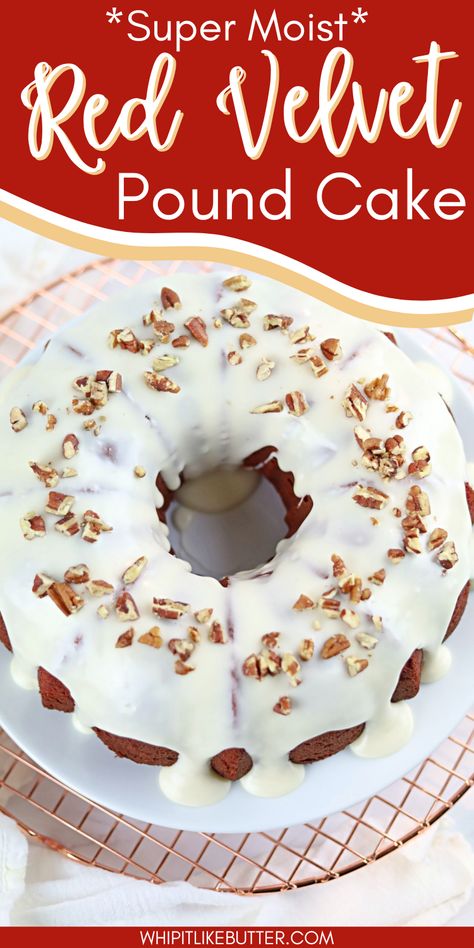 Moist Red Velvet Bundt Cake, Red Velvet Pound Cake With Cream Cheese, Red Velvet Cake With Cream Cheese Icing, Red Velvet Pound Cake Recipe, Red Velvet Pound Cake, Whipping Cream Pound Cake, Red Velvet Bundt, Slow Roast Pork, Red Velvet Bundt Cake