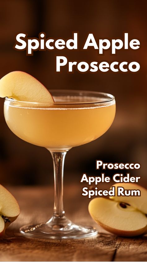 Spiced Apple Prosecco, Prosecco Fall Cocktails, Apple Cider Spritz Cocktail, Fall Prosecco Cocktails, Spiced Rum Cocktails, Prosecco Drinks, Cocktail Cards, Apple Cider Cocktail, Gold Drinks