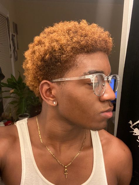 Short Black Man Haircut, Dyed Curly Hair Men Black, Short Dyed Hair Men Black, Short Ginger Hair Men, Black Man Hair Dye, Hair Dye Ideas For Curly Hair Men, Ginger Afro Men, Ginger Hair Men Black, Dyed Afro Men