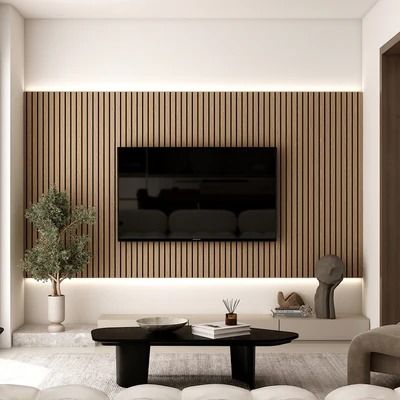 Wall Panels – Ozarké Slat Wall Panelling Living Room, Acoustic Tv Wall, Wooden Panels Living Room, Panelled Walls Living Room Modern, Wooden Slat Tv Wall, Slatted Tv Wall, Acoustic Panel Bedroom, Wood Slat Media Wall, Acoustic Panels Living Room