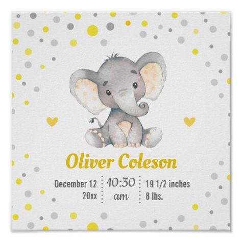 Grey Elephant Nursery, Polka Dot Nursery, Elephant Poster, Baby Stats, Yellow Nursery, Sip And See, Boy Wall Art, Elephant Wall Art, Grey Nursery