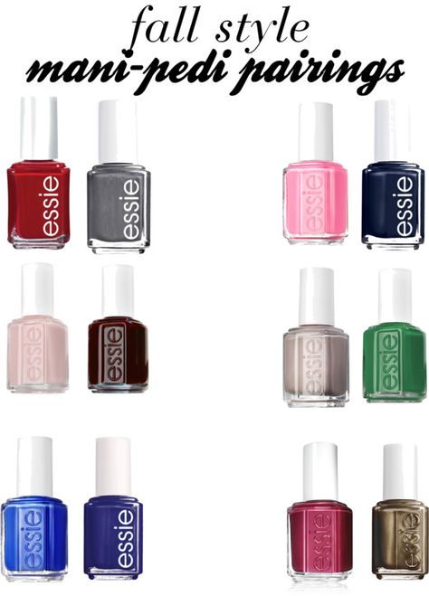 fall style mani pedi pairings Fall Nail Polish Pairings, Fall Manicure Pedicure Combos, Nail Polish Pairings, Polish Pairings, Mani Pedi Color Combos, Mani Pedi Combos, Nails Purple, Essie Nail Polish, Colorful Nail Designs