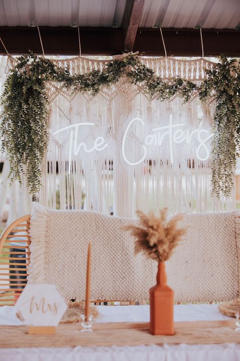 Boho Head Table Backdrop, Boho Wedding Head Table Backdrop, Modern Boho Head Table, Macrame Photo Backdrop, Sweetheart Table Wedding Pampas, Macrame Head Table Wedding, Macrame Sweetheart Table, Boho Sweetheart Table With Neon Sign, Neon Wedding Sign Backdrop Sweetheart Table