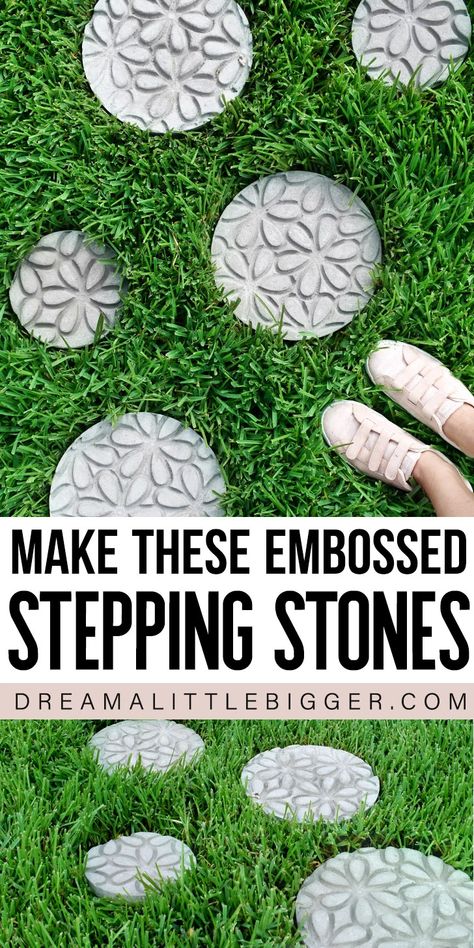 Curious how to make stepping stones? These gorgeously embossed stepping stones are deceptively simple to make and create the prettiest paths! Homemade Stepping Stones, Make Stepping Stones, Garden Stepping Stones Diy, Round Stepping Stones, Painted Stepping Stones, Stepping Stone Walkways, Stepping Stone Molds, Step Stones, Concrete Stepping Stones