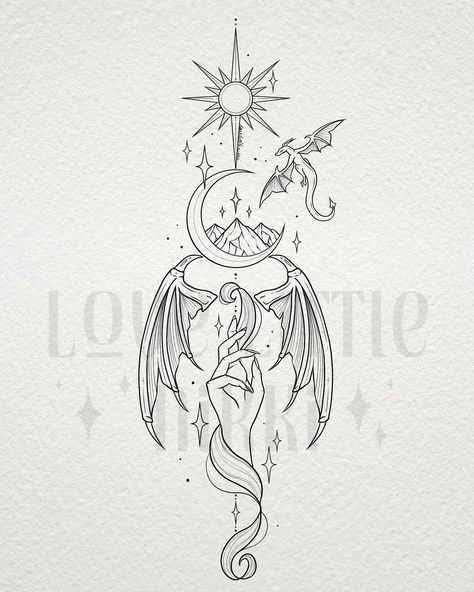 Lovely piece for Klara, who gave me a sketch and wanted me to work my magic on it ✨🌙 thank you for your trust in me to bring your ACOTAR design to life! My favourite part has to be the hand wrapped in shadow swirls 🖤✨ #acotar #tattoodesign #throneofglass Magic Sketches Ideas, Magical Back Tattoo, Acotar Pencil Drawings, Fourth Wing Acotar Tattoo, Rhysand And Feyre Tattoo, Illiryans Tattoo Acotar, Fourth Wing And Acotar Tattoo, Acotar Sketches Easy, Don’t Let The Hard Days Win Acotar Tattoo