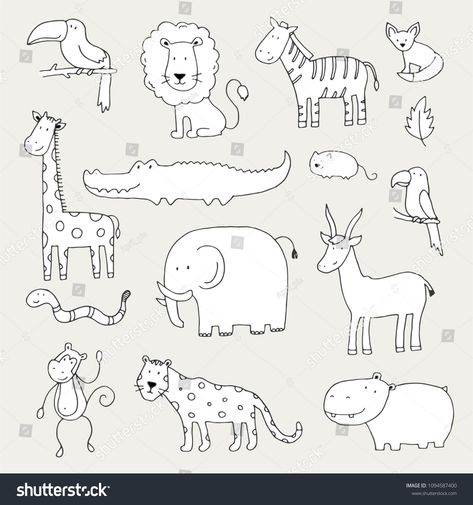 Hand drawn set of different jungle animals: elephant, lion, zebra, crocodile, giraffe. Cute vector illustration for baby's, kid's textule, fabric, wallpaper design. Cartoon doodle sketch style.zebra#lion#crocodile#Cute Jungle Animals Drawing Easy, Drawing Jungle Animals, Jungle Doodles To Draw, Zoo Animal Doodles, How To Draw Wild Animals, Hand Drawn Animals, Easy Jungle Animal Drawings, Safari Doodles, Crocodile Drawing Simple