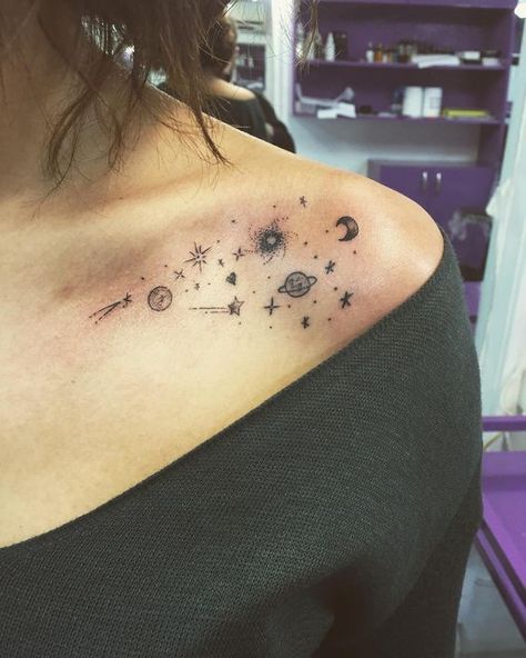 Bone Tattoos, Galaxy Tattoo, Shape Tattoo, Muster Tattoos, Inspiration Tattoos, Back Of Shoulder Tattoo, Tattoo Ideas For Women, Collar Bone Tattoo, Tattoo Work