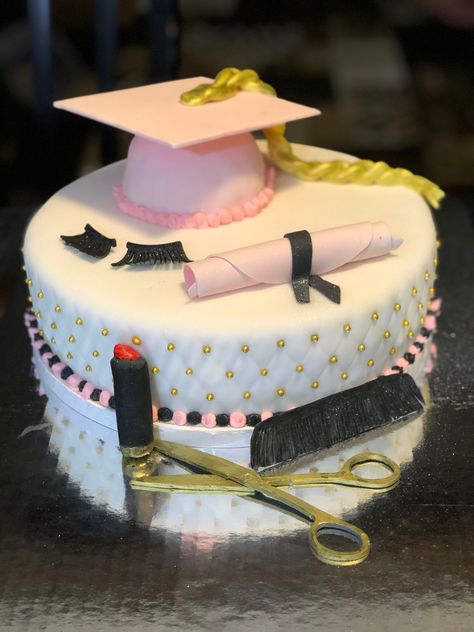 Cosmetologist Graduation Party, Cosmetology Graduate Pictures, Cosmetology Graduation Party Ideas, Cosmetology Cake Graduation, Cosmetology Grad Party, Graduation From Cosmetology School, Cosmetologist Graduation Pictures, Beauty School Graduation Party, Esthetician Party Ideas