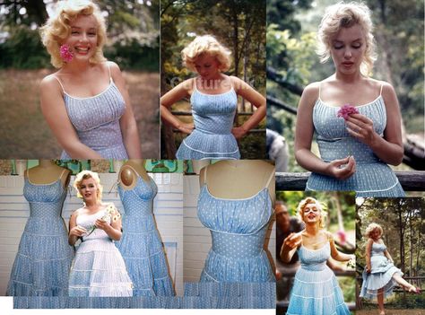 Marilyn's blue sun dress. I need to make me a version of it. It's so super sweet :) Marylin Monroe Blue Dress, Marilyn Inspired Outfits, Sun Dresses For Summer, Aesthetic Sundress, Blue Sun Dress, Vintage Sun Dress, Italian Women Style, Young Marilyn Monroe, Body Positive Fashion