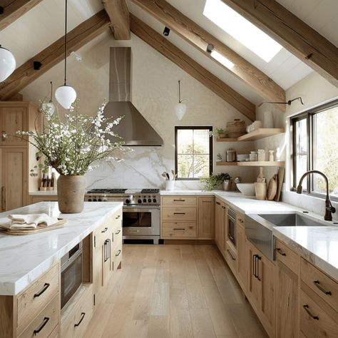 The Ultimate Guide to Modern Organic Kitchen: 25 Stunning Ideas - Unique Design Blog Mountain Kitchen Design, Wooden Modern Kitchen Design, Gable Kitchens, Kitchen In Vaulted Ceiling, Kitchen Wooden Ceiling, Modern Farm Interior, Modern Organic Cottage, Mountain Kitchen Ideas Modern, Kitchen With Dimensions