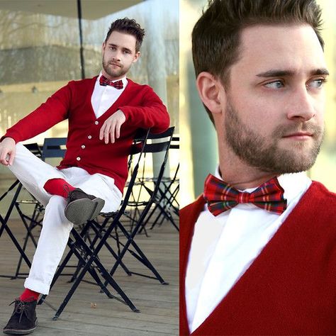 red outfit with plaid bowtie-minus the white pants and red socks... Male Christmas Outfit, Red And Black Outfits Men, Black Outfits Men, Christmas Outfit Red, Red And Black Outfits, Plaid Bow Tie, Outfit Red, Scottish Plaid, Black Outfits