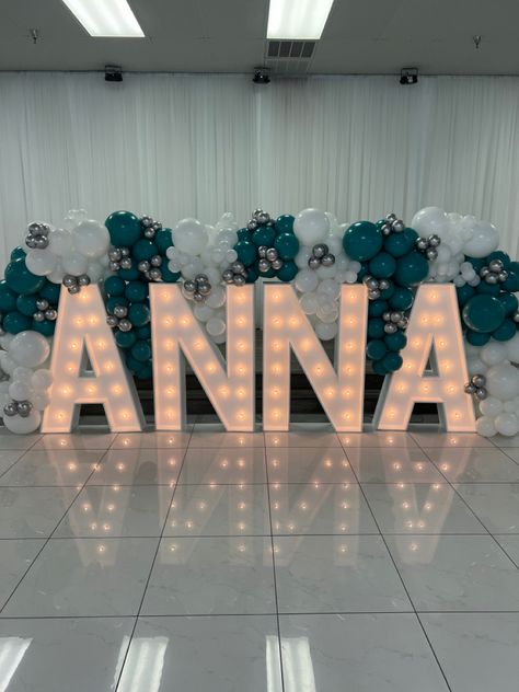 Big Name Letters For Party, Name Marquee Letters With Balloons, Quinceanera Balloon Decorations, Letters With Balloons, Marquee Letters With Balloons, Rose Gold Quince, Gold Quince, Fairy Theme, Big Letters