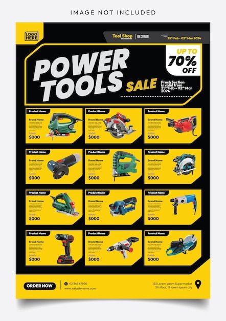 Power tools sale flyer catalog | Premium Vector #Freepik #vector Tool Catalog Design, Sale Product Design, Product Design Poster Ideas, Product Sale Poster Design, Product Flyer Design, Products Flyer, Product Catalog Design, Catalog Design Inspiration, Advertising Campaign Design