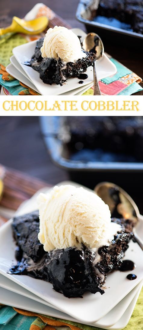 Rich, fudgy chocolate cobbler - it's a like a layer of gooey chocolate, topped with a brownie, and it's EASY! Slow Cooker Brownies, Brownie Pudding, Buns In My Oven, Chocolate Cobbler, Slow Cooker Recipes Dessert, Crock Pot Desserts, Slow Cooker Desserts, Num Num, Oreo Dessert