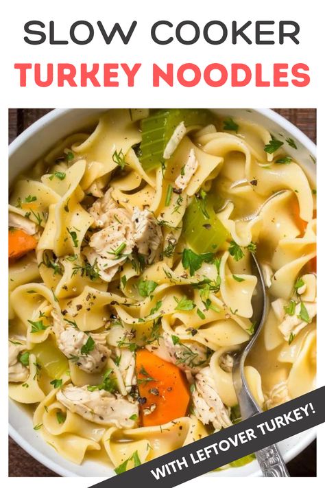 Wondering what to do with leftover turkey? Here's an easy homemade turkey noodle soup recipe! This comforting creamy soup is made with tender turkey & noodles. Whether you make it on the stovetop, crockpot, or Instant Pot, this is the best recipe with leftover turkey. Don't let those leftovers go to waste whip up this tasty turkey noodle soup & enjoy a satisfying meal that will warm your soul! Discover creative ideas for repurposing leftover soup and turn your leftovers into something amazing. Turkey Noodle Soup Crockpot, Homemade Turkey Noodle Soup, Soup With Egg Noodles, Turkey Noodles, Seasonal Dinner Recipes, Easy Winter Soups, Soup With Egg, Leftover Soup, Chicken Soup Recipes Easy