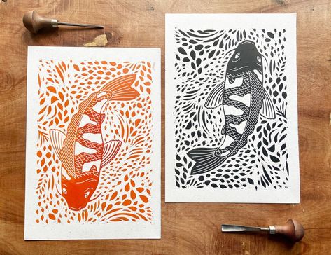 A4 Koi Fish Linocut Print Ocean Home Decor Orange & Black | Etsy Fish Lino Print, Fish Linocut, Fish Black And White, Color Wheel Art Projects, Koi Fish Print, Japanese Koi Fish, Ocean Home Decor, Ocean Home, Japanese Fish