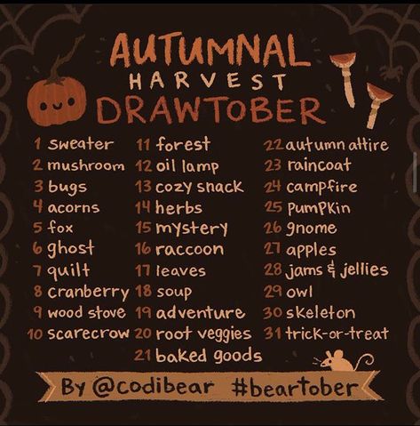 Drawing List, 30 Day Art Challenge, Art Journal Challenge, 30 Day Drawing Challenge, Journal Challenge, Drawing Ideas List, Creative Drawing Prompts, Drawing Prompt, Autumn Harvest