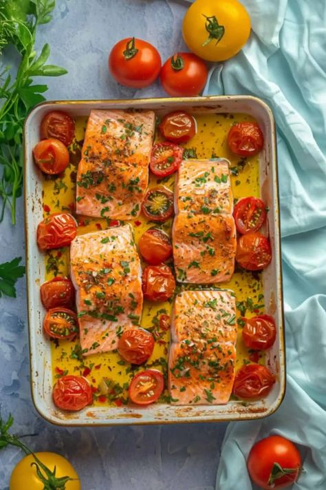 Baked Salmon and Tomatoes - BeCentsational Salmon And Cherry Tomato Recipes, Tuscan Garlic Salmon Skillet With Spinach And Tomato, Salmon Recipes Tomato, Baked Salmon With Cherry Tomatoes, Salmon With Tomatoes And Spinach, Salmon Roasted Tomatoes, Baked Salmon With Tomatoes, Baked Tuscan Salmon, Salmon Recipes With Tomatoes