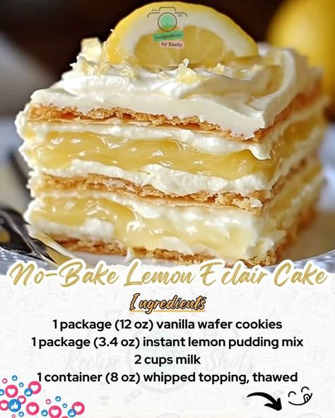 Emily Recipes | Enjoy a slice of this No-Bake Lemon Eclair Cake – the perfect sweet treat for a sunny day | Facebook Lemon Eclair Cake No Bake, No Bake Lemon Eclair Cake, Eclair Cake No Bake, Lemon Eclair, No Bake Eclair, No Bake Eclair Cake, Eclair Cake, Martha Washington, Lemon Pudding