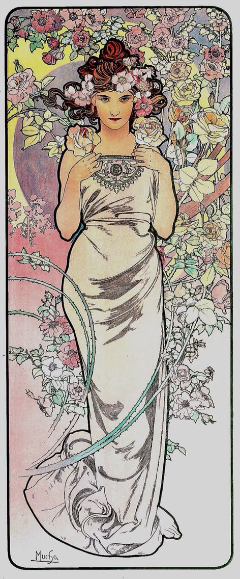 Les Fleurs: The Rose, from a set of four: The Rose, The Iris, The Carnation, and The Lily. by Alphonse Mucha, 1898. Colour lithograph; 101.6 x 41.3 cm (39 3/4 x 16 1/4") | Private collection Alfons Maria Mucha, Mucha Art, Alfons Mucha, Rose Fairy, Flowers Rose, Alphonse Mucha, Photo Vintage, Graphic Design Print, Graphic Artist