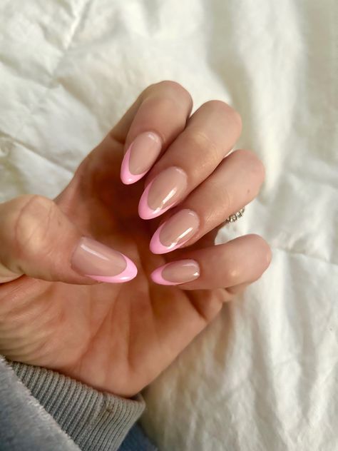 Pink French Tip Nails Almond Design, Spring Nails Almond Shape French Tip, Light Pink French Almond Nails, Baby Pink Almond French Tip, Almond Pink Tip Nails, Crazy French Tip Nails, Light Pink French Tip Almond, Pink French Tip Nails Round, Pink Tip Almond Nails