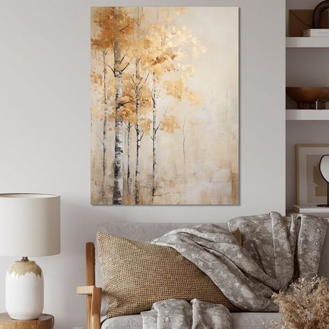 Designart "Beige And Gold Minimalism Forest I" Forest Wall Art - Bed Bath & Beyond - 39950104 Love Canvas Painting, Beige Painting, Forest Wall Decor, Birch Tree Painting, Winter Landscape Painting, Wall Texture Design, Digital Art Gallery, Gold Leaf Art, Forest Wall