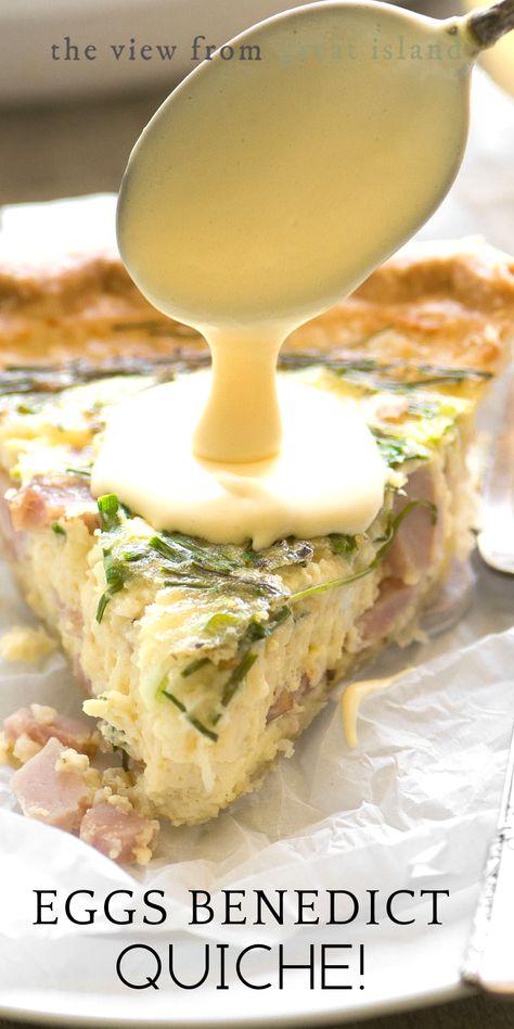 Eggs Benedict Quiche with Hollandaise Sauce ~ complete with little chunks of Canadian bacon, and a quick and creamy hollandaise sauce! #christmas #brunch #breakfast #eggsbenedict #hollandaisesauce #quiche #mother'sday #easter #easterbrunch #breakfastinbed #canadianbacon #eggs #hamquiche #easyhollandaisesauce Eggs Benedict Quiche, Luxury Breakfast, Brunch Tablescape, Recipe For Hollandaise Sauce, Breakfast Quiche Recipes, Quiche Recipes Easy, Easter Breakfast, Breakfast And Brunch, Breakfast Quiche