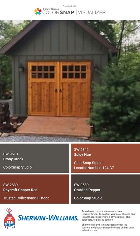 Country Cabin Color Palette, Rustic Exterior Color Schemes, Exterior Shed Paint Color Combinations, Rust Colored House Exterior, Rust Exterior House Colors, Rustic Cabin Exterior Color Schemes, Shade Grown Sherwin Williams Exterior, Exterior Cabin Color Schemes, Exterior Cottage Paint Colors