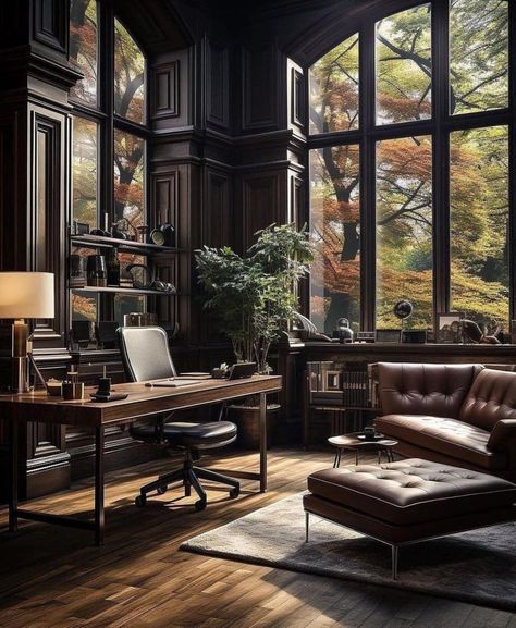 Just Decorate! | Home office 🖤 Office With A View, Dreamscape Architecture, Writing Desks, Leather Office, Loft Design, Home Office Setup, Office Room, Home Library, Home Office Design