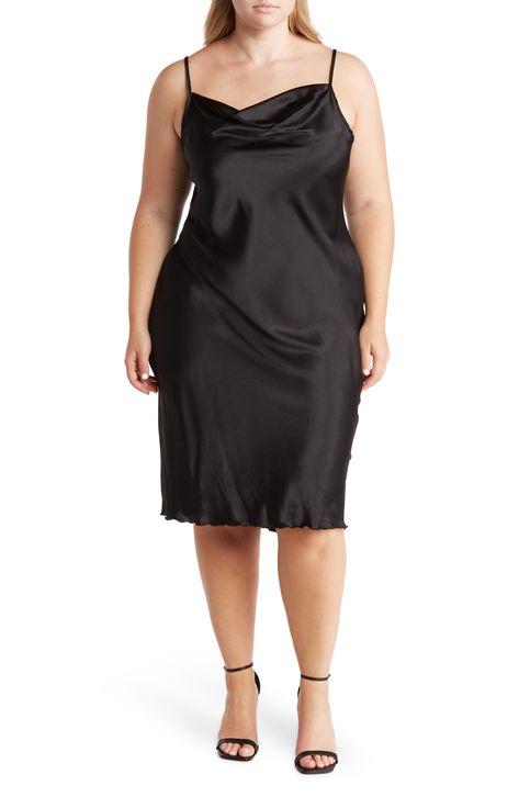 bebe Cowl Neck Satin Midi Slipdress available at #nordstromrack Elegant Style, Cowl Neck, Midi Length, Plus Size Dresses, Knee Length, Made In Usa, Adjustable Straps, Slip Dress, Little Black Dress