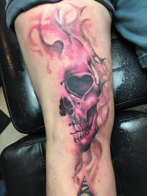 Purple Skull Tattoo, Skull Coming Out Of Skin Tattoo, Pink And Black Tattoo Sleeve, Flame Tattoos For Women, Pink Skull Tattoo, Pink And Black Tattoo Ideas, Pink Sleeve Tattoo, Skull With Flames Tattoo, Skull Sleeve Tattoos For Women