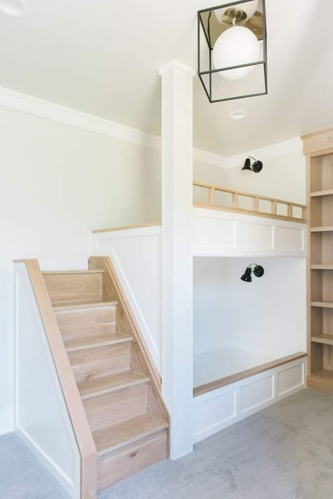 Bunk Stairs Diy, Bunks With Stairs, Diy Bunk Bed With Stairs, Bunk Beds Kids Room, Playroom With Built In Bunkbeds, Building A Bunk Bed, Custom Bunk Beds Built Ins For Kids, Built In Loft Bunk Beds, Built In Bunk Beds Plans