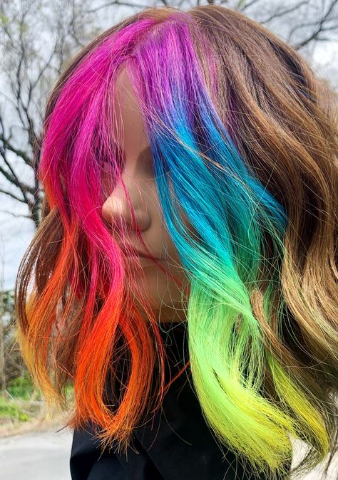 Colourful Money Piece, Rainbow Front Pieces Of Hair, Rainbow Hair Front Pieces, Vivid Color Money Piece, Colourful Money Piece Hair, Fun Color Money Piece Hair, Rainbow Hair With Bangs, Rainbow Color Block Hair, Rainbow Streak Hair