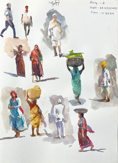 Watercolour Human Figures, Human Composition Painting Watercolour, Indian Human Figure Sketches, Human Figure Watercolor, Watercolor Human Figures, Human Figure Study, Easy Architecture Sketch, Watercolour Figures, Watercolour Sketching