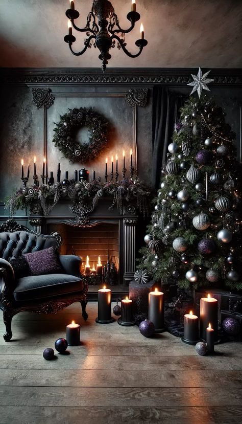 Spooky Christmas Decorations Outdoor, Dark Christmas Bedroom, Gothic Christmas Wedding, Victorian Goth Christmas, Dark Moody Christmas Tree, Victorian Gothic Christmas, Gothic Victorian Christmas, Gothic Christmas Decorations Diy, Moody Holiday Decor