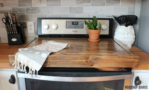 DIY Wooden Stove Top Cover--Easy DIY Noodle Board Tutorial Diy Noodle Board, Spice Rack Plans, Wooden Stove Top Cover, Gas Stove Top Covers, Diy Noodles, Wooden Stove Top Covers, Wooden Stove, Noodle Boards, Pull Out Spice Rack