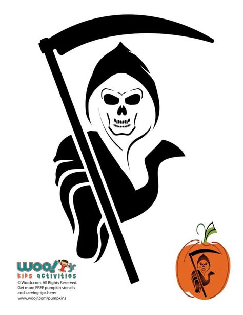 Skulls and Skeleton Pumpkin Templates to Carve | Woo! Jr. Kids Activities : Children's Publishing Pumpkin Carving Grim Reaper, Grim Reaper Pumpkin Carving, Reaper Pumpkin Carving, Pumpkin Templates, Carve Pumpkins, Lantern Template, Carving Templates, Halloween Stencils, Pumpkin Template