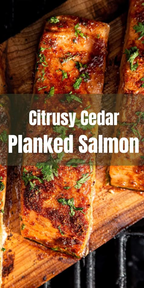 This salmon recipe is pure delight - discover this zesty citrus glaze and the tantalizing smokiness from the cedar plank, creating a dish that'll leave you swooning for more! 🍊🍋🪵 Cedar Planked Salmon Grilled, Cedar Planked Salmon, Plank Grilled Salmon, Planked Salmon Recipes Grilling, Cedar Plank Salmon Bbq, Salmon Cedar Plank Recipes, Salmon Plank Recipes, Plank Salmon On The Grill, Cedar Plank Salmon Oven